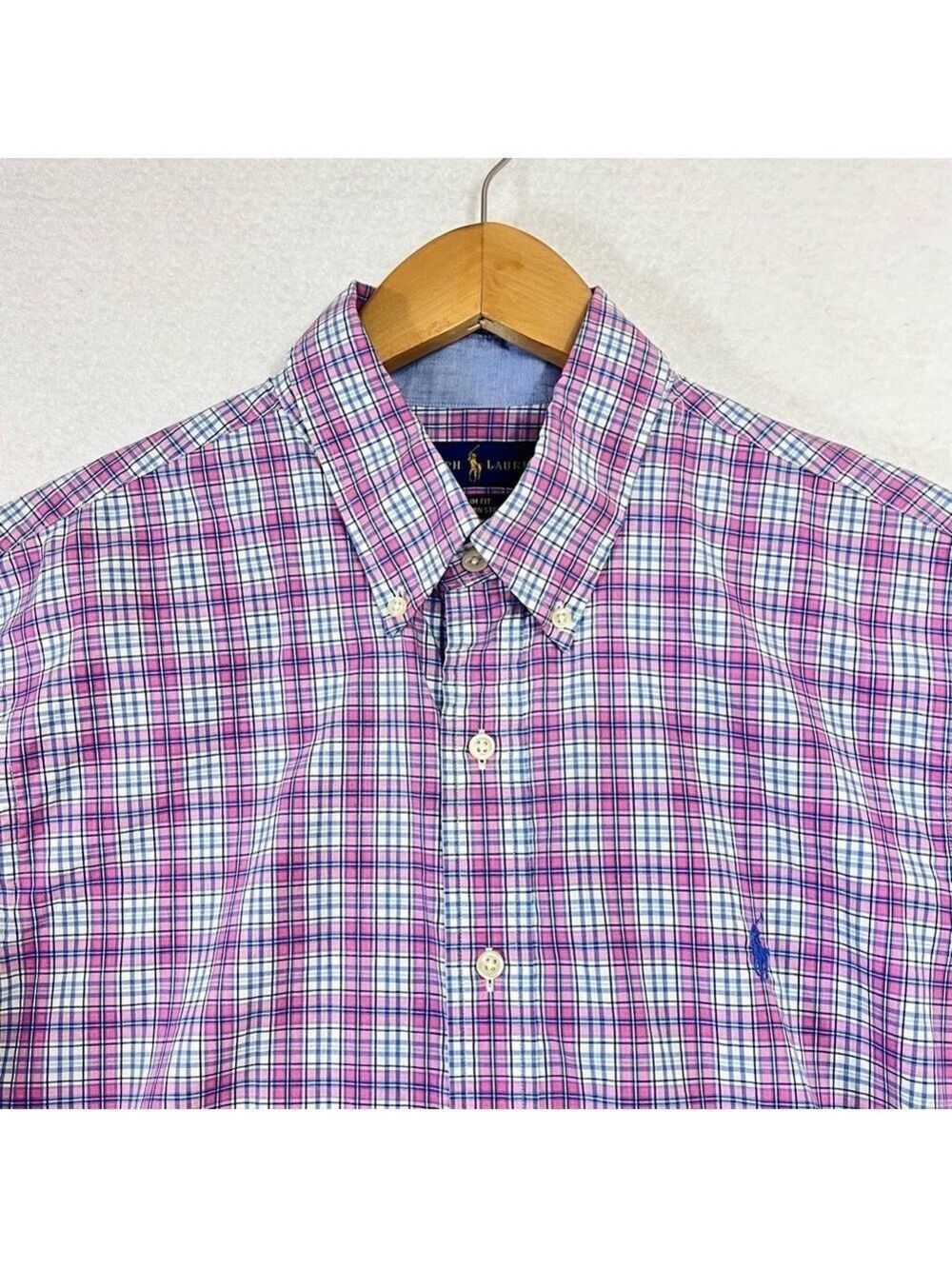 Polo Ralph Lauren Long Sleeve Shirt Mens Large Pink White Plaid Slim Fit Pony